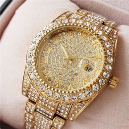 Good quality Fashion Brand Watches Men's Full crystal Style Stainless steel band Calendar Date Quartz wrist Watch R85 310n