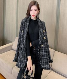 Women Black Plaid Tweed Jackets Autumn Winter Office Ladies Pockets Frayed Trims Tassels Coats Female Vintage Thick Outerwear 20105653455
