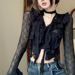 Women's Knits Fashion Black Women Lace Blouses Crop Top Sexy Female Shirts Elegant Transparent Cardigan Korean Streetwear Basic Tops