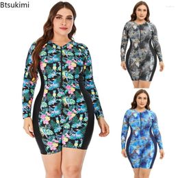 Women's Swimwear 2024 Big Size Women One Piece Flower Print Long Sleeve Diving Surfing Suits For Ladies Oversized Swimsuit Beachwear