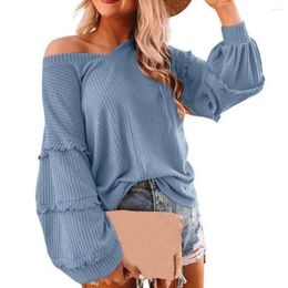 Women's Polos Women Blouse Solid Color Waffle Autumn Winter Lantern Sleeve Ruffles V Neck Elegant Top For Daily Wear Pink Xl