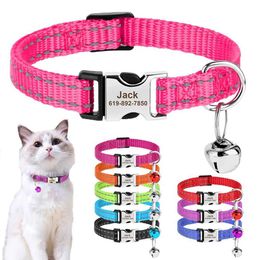 Cat Collars Leads Personalized Collar Reflective Nylon Dog Cats ID With Bell Free Engraving for Small Dogs Chihuahua 10 Colors H240522