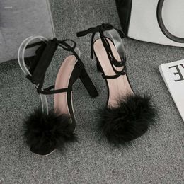 Heel Summer High s Sandals Fairy Style Open Toe Feather Furry Cross Strap for Women dcf Sandal Cro