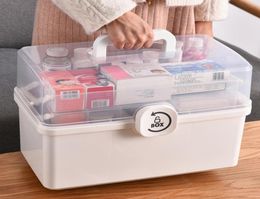 New Portable Empty First Aid Box Clear 2Tray Plastic Medication Storage Box for Home with Divider Inserts and Handle White Y11133301337