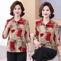 Women's Blouses 2024 Summer Pullover Middle-Aged Elderly Mothers Print Shirts Female Cropped Sleeves Jackets Loose Tops Fashion Coat Women