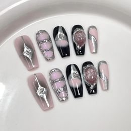 10Pcs Black Handmade Press On Nails Coffin Fake Nails Full Cover Gradient Metal Contrast Artificial Manicure Wearable Nail Tips 240522