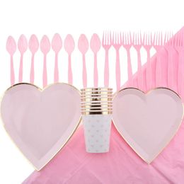 Pink Wedding Anniversary Valentines Day Disposable Heart-shaped Cutlery Set Cup Plate Napkin Knife and Fork Spoon Tablecloth 240521