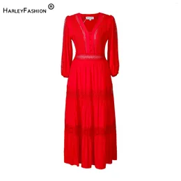 Casual Dresses Women Vintage Style Lace Patchwork Cotton Solid Colour V-neckline Three Quarters Sleeve Lady Long Length Red Dress