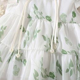 Summer New Girl Baby Hand-painted Green Light and Thin Mesh Flower Small Flying Sleeves Chinese Sweet Princess Dress