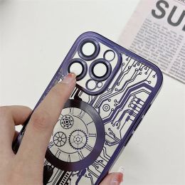 Creative Circuit Diagram Case For iPhone 15 14 13 12 11 Pro Max Plus With Camera Lens Protector Glass For Magsafe Plating Cover