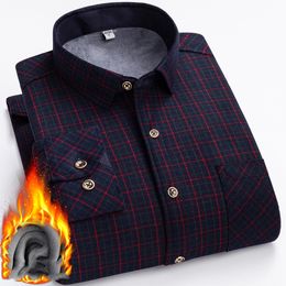 men's shirt Spring and Autumn men's long-sleeved business casual plaid cotton wool pocket square collar middle-aged