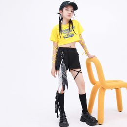 Kid Hip Hop Clothing Yellow Print Lace Up Crop Top T Shirt Tee Black Street Slim Fit Shorts for Girls Jazz Dance Costume Clothes