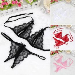 Bras Sets 1set Lace See Through Exotic Lingerie Hollowed Open Crotch Up Bra Panties Set Ultra Thin Strap Thongs Sexy Underwear