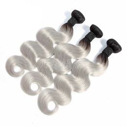 Indian Virgin Hair 1B Grey 3 Bundles Body Wave Human Hair Double Wefts 1B/Grey 12-24inch Hair Extensions Three Pieces Bjvca