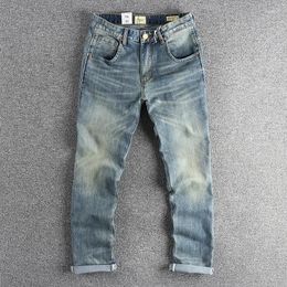 Men's Jeans Vintage Blue Water Wash Made Old Micro Embellished With Fitted Straight Tube Elastic Youth Pants Trend