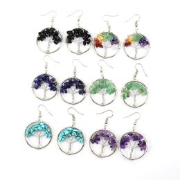 Tree of life Bohemia Natural Stone Gravel Tassel Earring Raw Crystal Fluorite Chips Charm Dangle Reiki Hook Eardrop Women Jewelry Gift