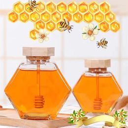 Storage Bottles 1pc Hexagonal Glass Honey Jar Transparent Jam With Wooden Stirring Stick Kitchen