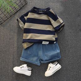 Boy Girl Striped Summer Sets Baby Kids T-Shirt+Short Denim 2Pcs Children Cotton Fashion Suit New Toddler Casual Sports Clothes L2405