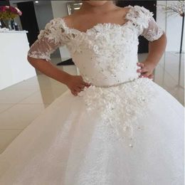 Christening dresses White ivory dress floral girl wedding dress used for weddings sheer princess lace half sleeved sacred first communion dress Q240521