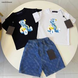 New kids tracksuits designer boys Summer denim suit baby clothes Size 100-150 CM 2pcs Colourful Doll Bear Pattern T-shirt and denim shorts 24May