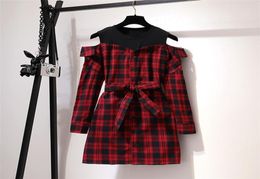 Korean Style Cute Red Plaid Shirt Summer Dress Long Sleeve With Belt Mini Casual Offshoulder Spring Fall Women 2105152139444