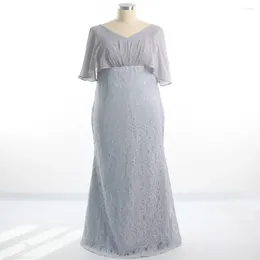Party Dresses Evening Dress Gray Chiffon Lace Mermaid Floor Length Plus Size V-neck Ruched Short Sleeves 2024 Women Formal D991