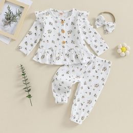 Clothing Sets Toddler Baby Girls 3Pcs Fall Outfits Long Sleeve Floral Button Down Tops Pants Headband Set