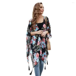 Elegant Shawl Flower Print Tassel Beach Cover-up Poncho Cardigan For Women Sunscreen Swimsuit With Quick Dry Loose Fit