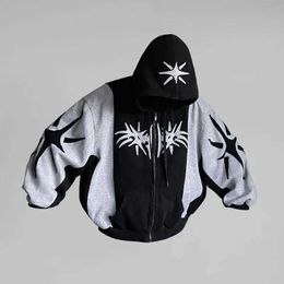 Men's Hoodies Sweatshirts Y2K Retro Zipper Hoodie Harajuku Patch Work Gothic Street Hip Hop Super Dalian Hoodie Mens Sports Shirt Fashion Casual Top Q240521