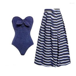 One Piece Swimsuit Women Denim Swimwear Retro Cover Up Skirt Beachwear 2024 Solid Bow Beach Bathing Suit Outfit