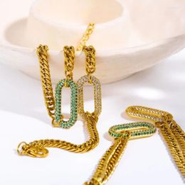Link Bracelets Vintage 18K PVD Gold Plated Stainless Steel Cuban Chain Oval Zircon Pendant Designer Choker Necklace For Women Yf3607