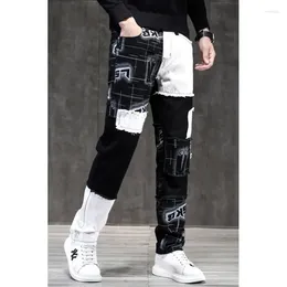 Men's Jeans Black And White Contrast Color Printed Stitching Men2024 Slim Fit Small Straight Personality Motorcycle Trousers