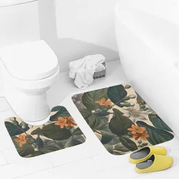 Bath Mats Bathroom Rugs Sets 2 Piece Hand Painted Plants Absorbent U-Shaped Contour Toilet Rug