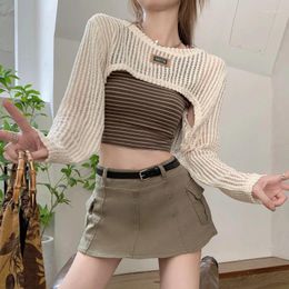 Women's Tanks Spring Short Knitted Tops Women Two-piece Set Hollow-out Solid Color Long Sleeve Smock Striped Slim Versatile Female