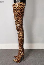 Olomm Handmade Women Shiny Thigh High Boots Stiletto Heels Boots Pointed Toe Gorgeous Leopard Club Shoes Women Plus US Size 5154981441