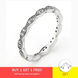 Cluster Rings Real 925 Sterling Silver Ring Sparkling Leaves Stackable Clear CZ For Women Jewellery