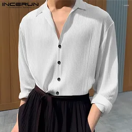 Men's Casual Shirts Handsome Well Fitting Tops INCERUN Knitted Solid Lapel Simple All-match Male Long Sleeved Blouse S-5XL 2024