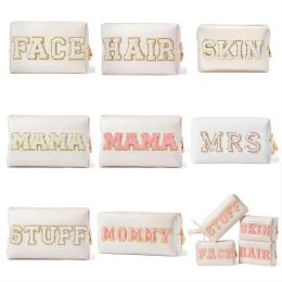 Preppy Patch Extra Large Varsity Chenille Letter Makeup Bag PU Leather Waterproof Portable Cosmetic Toiletry Bag Organiser Gift