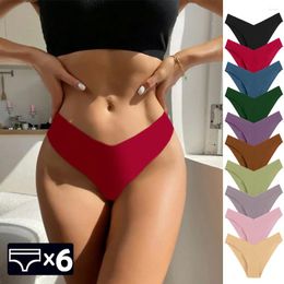 Women's Panties WarmSteps 6Pcs/Set V-Cut Sexy Thongs Plain Ice Silk Female Lingerie Intimate Seamless Underwear Briefs For Woman