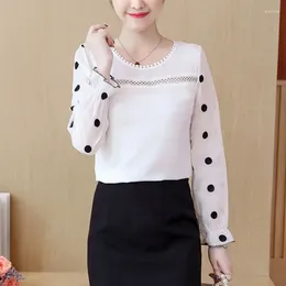 Women's Blouses Fashion 2024 Chiffon Clothing Long Sleeve Women Blouse Shirt Sweet O-neck Black Dot White Feminine Tops Blusas D383