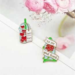 Brooches Simple Fashion Cartoon Love Milk Tea Rose Bottle Design Metal Enamel Brooch Friend Gift Badge Pin Jewelry