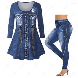 Women's Two Piece Pants Daily Casual Matching Set 3D Denim Pocket Lace Up Buttons Ripped Print Long Sleeves T-shirt Or Leggings