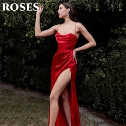 Party Dresses ROSES Red Sexy Evening Gown Sweetheart Trumpet Satin Dress With Pleats Spaghetti Strap High Side Slit Prom