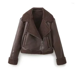 Women's Jackets Winter Women Vintage Brown Faux Shearling Cropped Biker Jacket Warm Coat