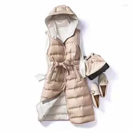 Women's Vests Lagabogy 2024 Winter Women Ultra Light Long Puffer Vest With Hood Female Casual Slim Belt Waistcoat 90%White Duck Down Gilet