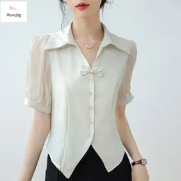 Women's Blouses Satin Short-sleeved Shirt Summer Solid Color Lapel Blouse All-match Chinese Fashion Casual Top