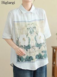 Women's Blouses Summer Flower Print Shirts Tops Women Fashion Casual Loose Pleated Ladies Short Sleeve Woman Oversized Shirt