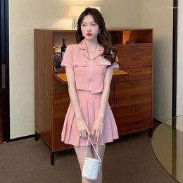 Work Dresses Pleated A-line High Waist Mini Skirt Short Sleeve Zipper Tops Two Piece Set Korean Female Preppy Summer Students Suits