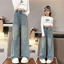 Jeans for Girls Kids Elastic Waist Ragged Edge Splicing design Korean Fashion Denim Trousers New Spring Teenage Wide Pants 5-14Y L2405