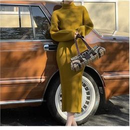 Work Dresses Set Of Female 2024 French Retro Women Loose Fitting High Collar Puyuan Sweater Knitted Dress Two Piece